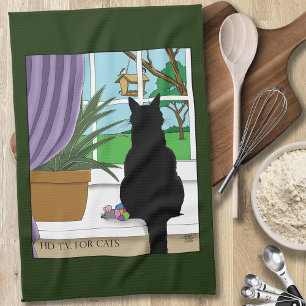 Black Cat Looking Out Window Tea Towel
