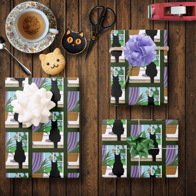 Black Cat Looking Out Window Wrapping Paper Sheet (Creator Uploaded)