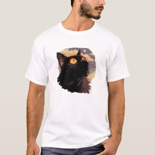 Black cat looking up with mystical night T-Shirt