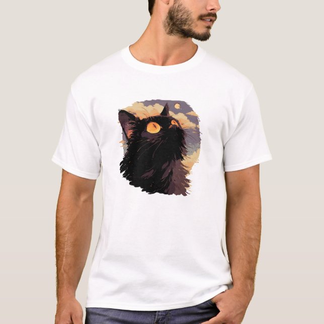 Black cat looking up with mystical night T-Shirt (Front)