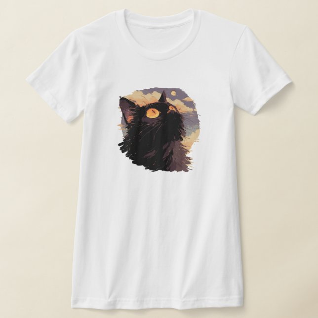 Black cat looking up with mystical night T-Shirt (Laydown)