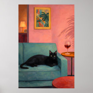 Black Cat Lounge Poster, Cosy Retro Living Room Poster