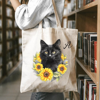 Black Cat Love Sunflowers Initial Tote Bag