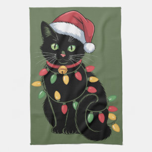 Black Cat Lover Christmas Kitten Gift Cat Mom Xmas Tea Towel