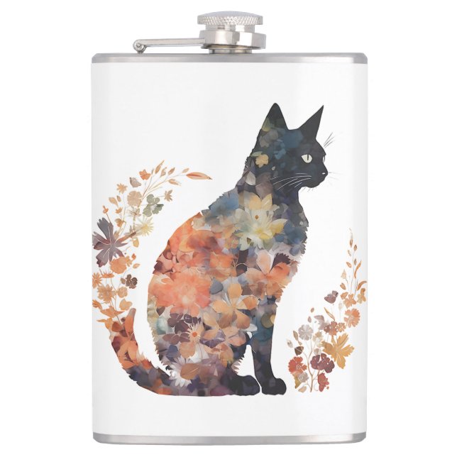Black Cat Lover Costume Floral Flower Scary Hallow Hip Flask (Front)