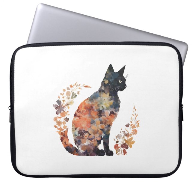 Black Cat Lover Costume Floral Flower Scary Hallow Laptop Sleeve (Front)
