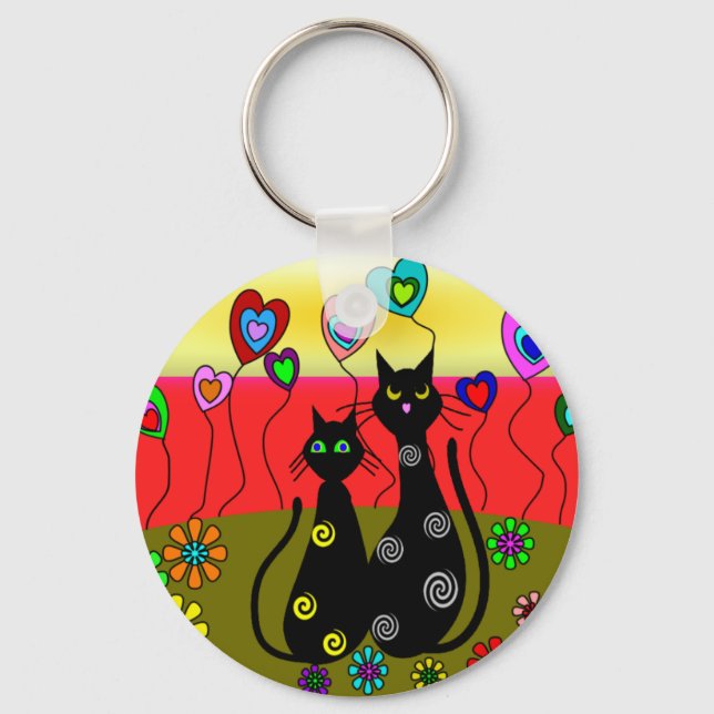 Black Cat Lovers Art Gifts Key Ring (Front)
