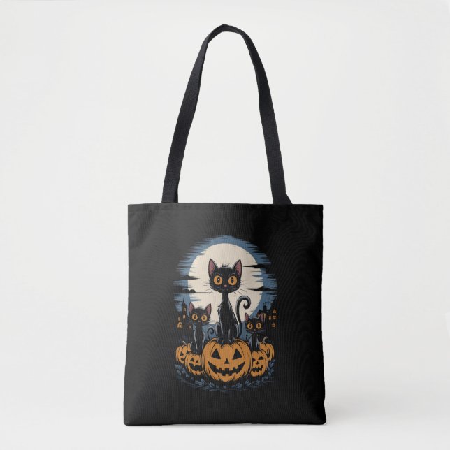 Black Cat Lovers Halloween Starry Night Van Gogh Tote Bag (Front)