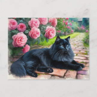 Black Cat Lying by Pink Peonies Animal Lover  Postcard