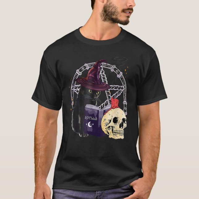 Black Cat Magic Spell  Halloween Cat T-Shirt (Front)