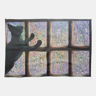 Black Cat, Magical, Raindrops, Original Painting Tea Towel