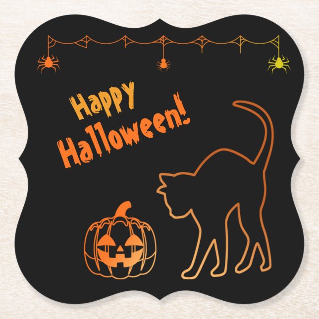Black Cat meets Jack-o-Lantern Halloween Paper Coaster (Front)