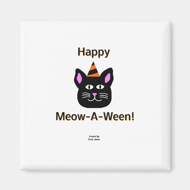 Black Cat Meow-A-Ween 2 Inch Square Magnet (Front)
