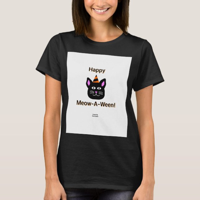 Black Cat Meow-A-Ween Women's Black Basic T Shirt (Front)