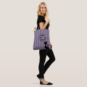 Black cat meows purple stripes tote bag
