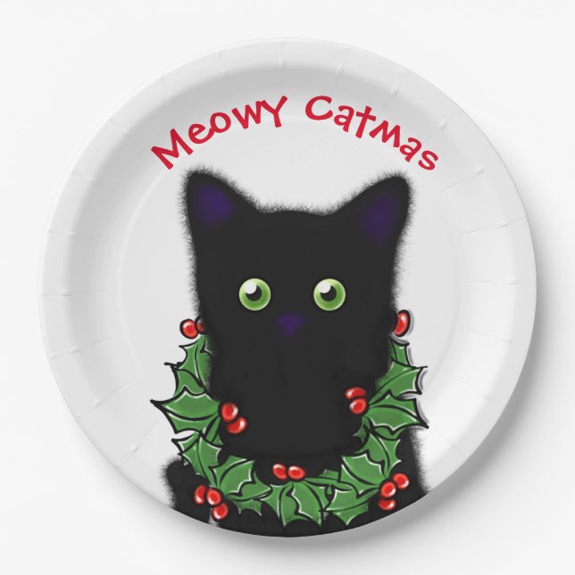 Black cat | Meowy Catmas Holly berries Christmas Paper Plate (Front)