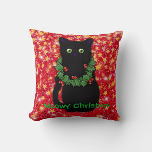 Black cat   Meowy Christmas   Holly garland Cushion
