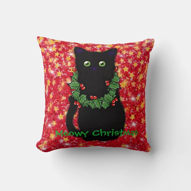 Black cat | Meowy Christmas | Holly garland Cushion (Front)