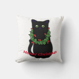 Black cat   Meowy Christmas   Holly garland   Cushion