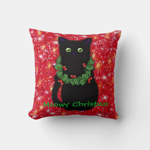 Black cat   Meowy Christmas   Holly garland  Cushion