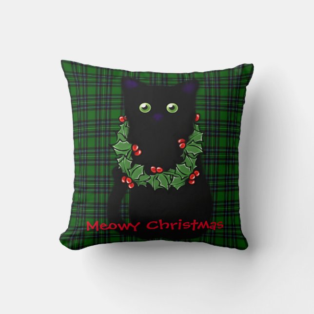 Black cat | Meowy Christmas | Holly garland   Cushion (Front)
