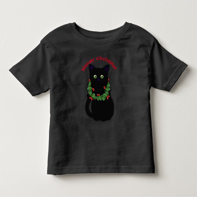 Black cat | Meowy Christmas | Holly garland   Toddler T-Shirt (Front)