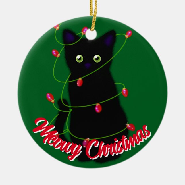 Black cat Meowy Christmas red twinkle lights  Ceramic Ornament (Front)