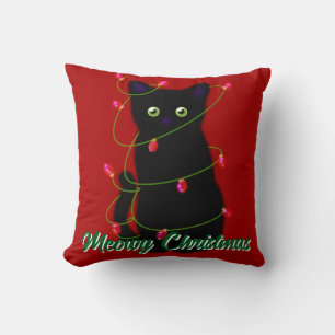 Black cat Meowy Christmas red twinkle lights  Cushion
