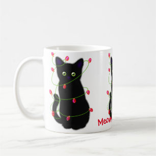 Black cat   Meowy Christmas    twinkle lights     Coffee Mug