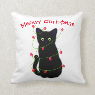 Black cat   Meowy Christmas   twinkle lights   Cushion