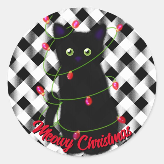 Black cat Meowy Christmas twinkle lights gingham  Classic Round Sticker (Front)