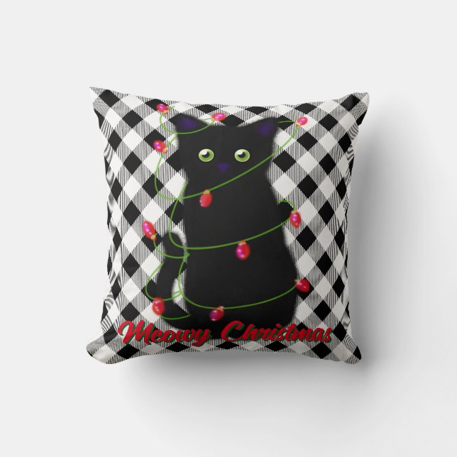 Black cat Meowy Christmas twinkle lights gingham  Cushion (Front)