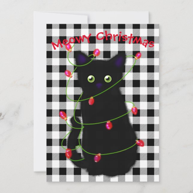 Black cat Meowy Christmas twinkle lights gingham  Holiday Card (Front)