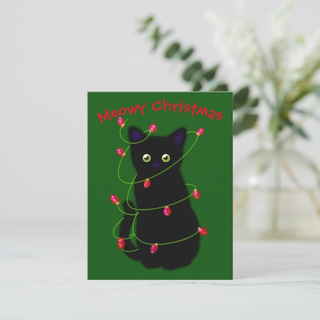 Black cat | Meowy Christmas |  twinkle lights    N Card (Standing Front)