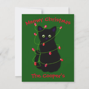Black cat Meowy Christmas twinkle lights N Card