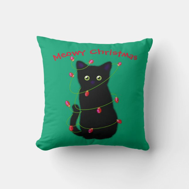 Black cat | Meowy Christmas | twinkle lights   Thr Cushion (Front)
