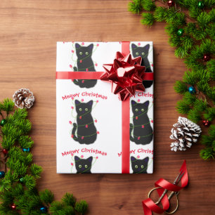 Black cat   Meowy Christmas    twinkle lights  Wrapping Paper
