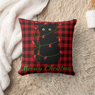 Black cat   Meowy Christmas   twinkle star light   Cushion
