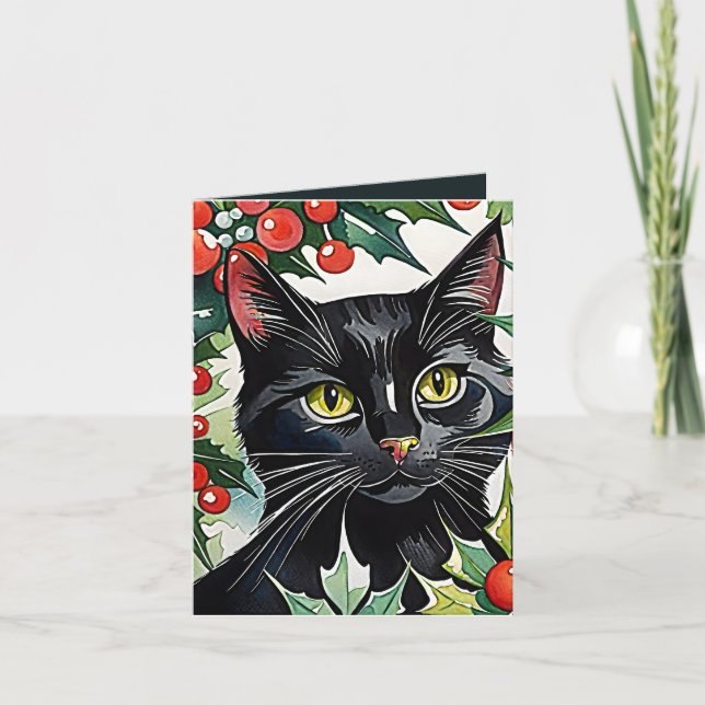 Black Cat Meowy Christmas Watercolor Card (Front)