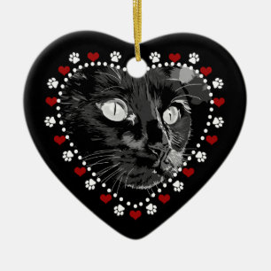Black Cat Merry Christmas Heart Ornament