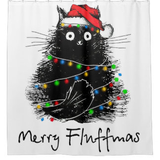 Black Cat Merry Fluffmas, Cat Christmas Tree Light Shower Curtain