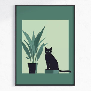 Black Cat Minimalist Wall Art Modern Green Botanic