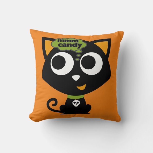 Black Cat Mmm Candy Halloween T-Shirt Cushion (Front)