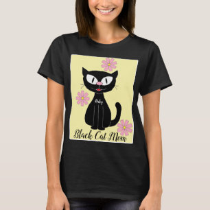 Black Cat Mom with Pretty Pink Flowers Cat Lover T-Shirt
