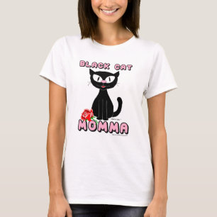 BLACK CAT MOMMA Smiling Cartoon Cat with Red Rose T-Shirt
