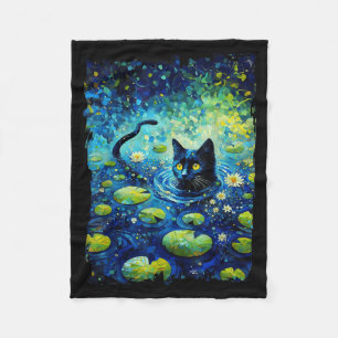 Black Cat Monets Cat Waterlily Fleece Blanket