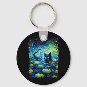 Black Cat Monets Cat Waterlily Key Ring