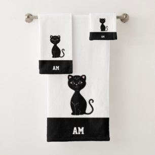 Black Cat & Monogram on Black & White Bath Towel Set