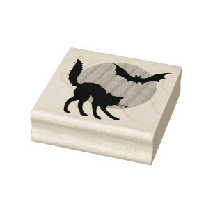 Black Cat Moon and Bat Rubber Stamp
