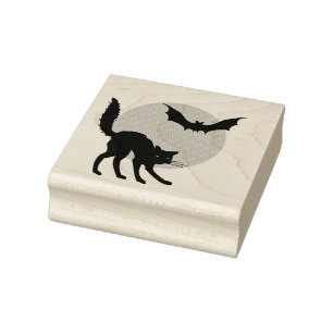 Black Cat, Moon and Bat Rubber Stamp